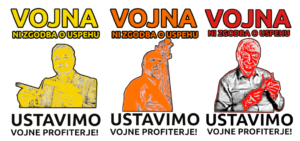 Poster-Boscarol-Peljhan-Castagne with text: War is Not A Success Story: Stop the War Profiteers