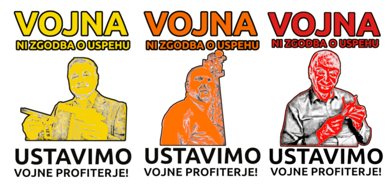 Poster-Boscarol-Peljhan-Castagne with text: War is Not A Success Story: Stop the War Profiteers