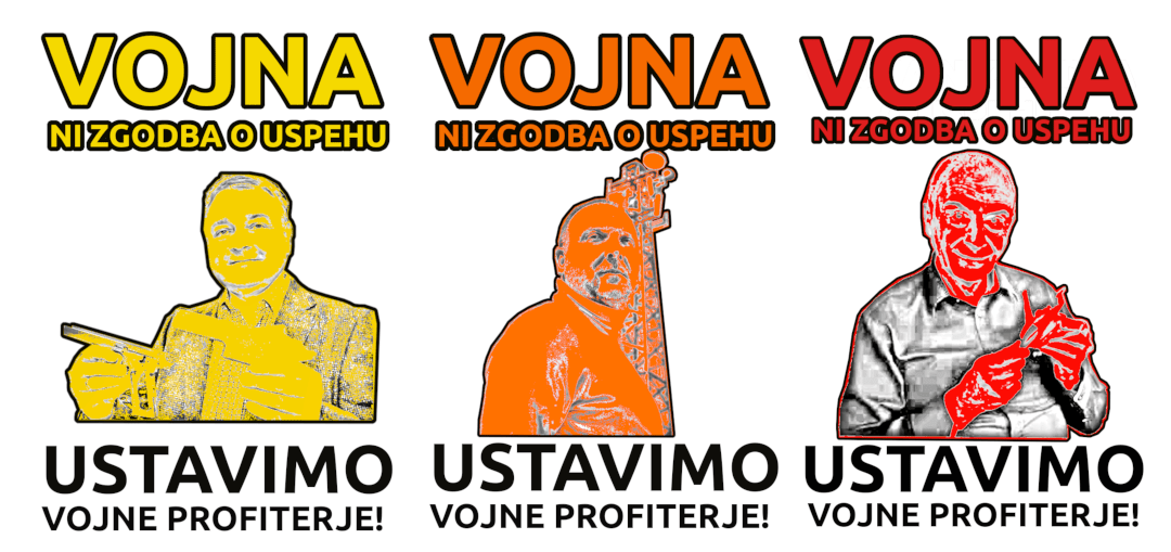 Poster-Boscarol-Peljhan-Castagne with text: War is Not A Success Story: Stop the War Profiteers