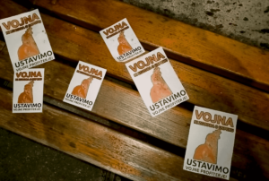 Flyers of Marko Peljhan with text: War is Not a Success Story. Stop the War Profiteers