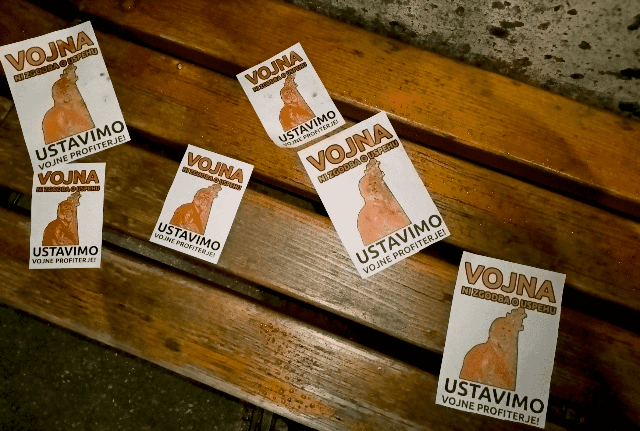 Flyers of Marko Peljhan with text: War is Not a Success Story. Stop the War Profiteers