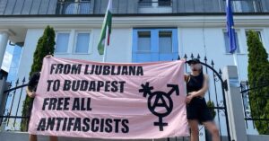 From Ljubljana to Budapest Free Maja, free all antifascists! Embassy of Hungary in Ljubljana, Slovenia 20.6.2025