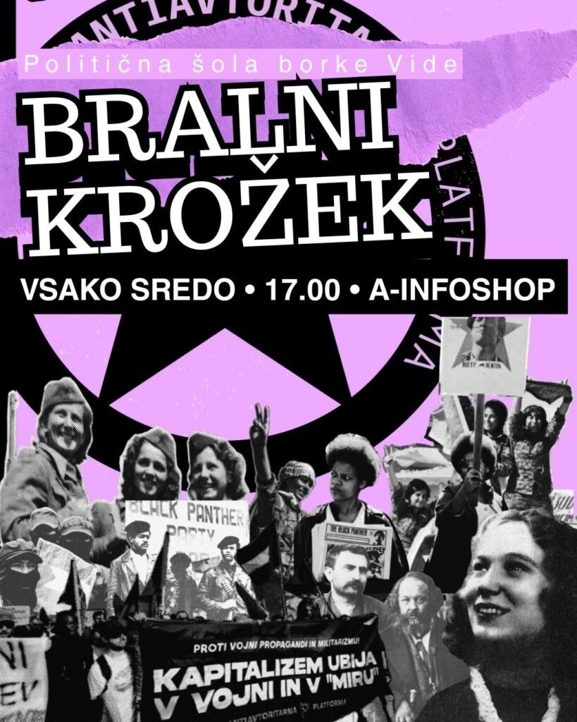 Bralni krožki Politične šole borke Vide. Politična šola borke Vide. Antiavtoritarna platforma. Ljubljana, Slovenija.